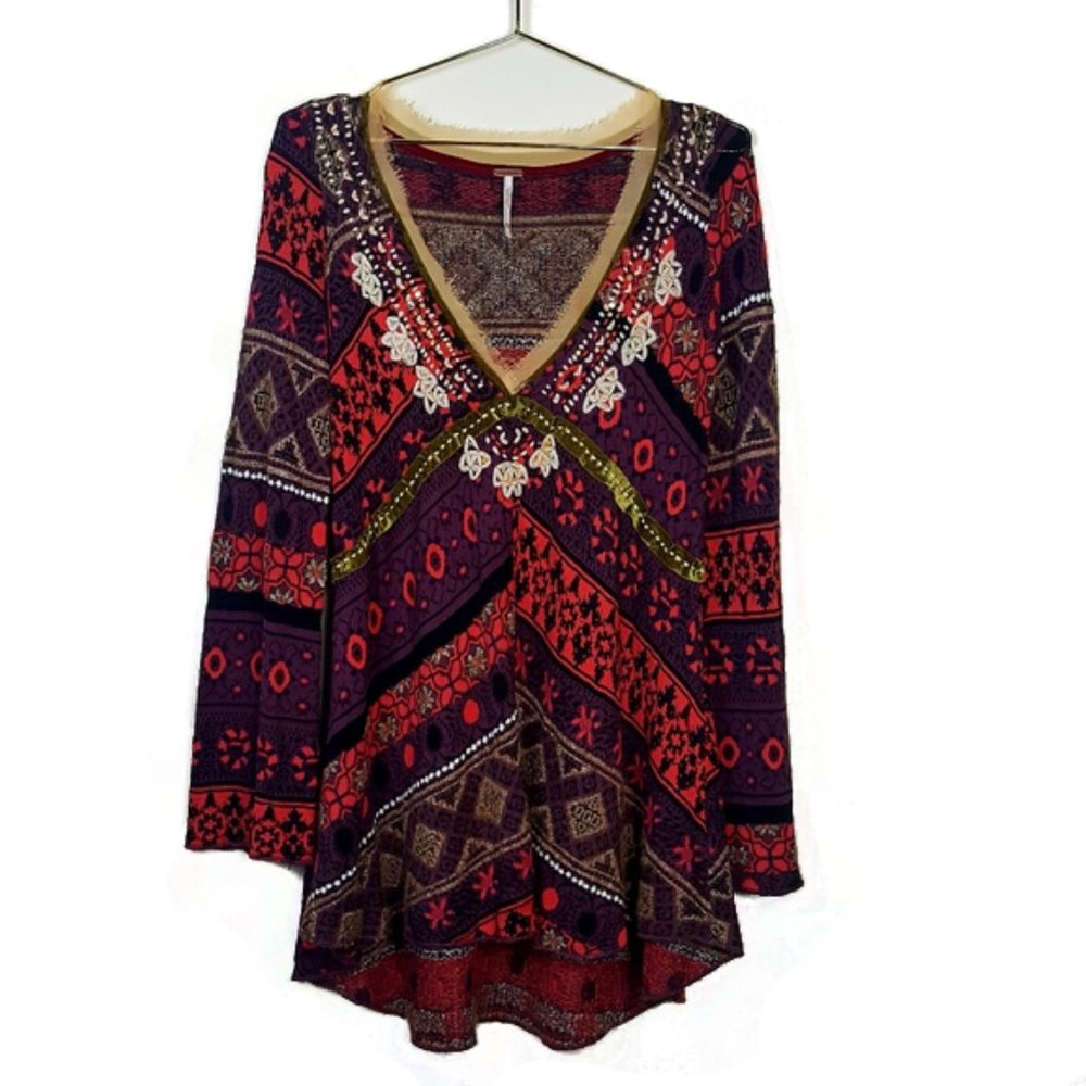 Free People V neck Multicolor Tunic Sweater…
